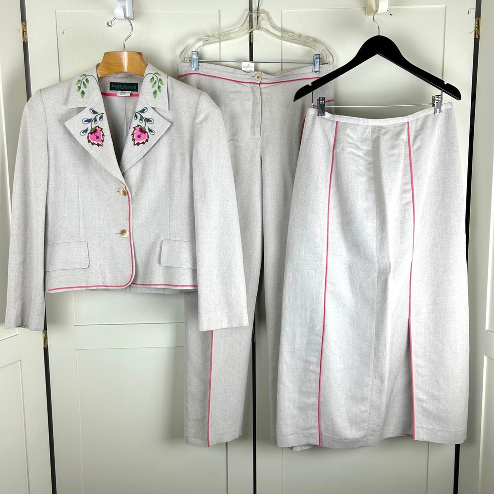 Vintage Harve Benard 3pc Suit Set 12 Linen Blend Floral Embroidered Cottagecore